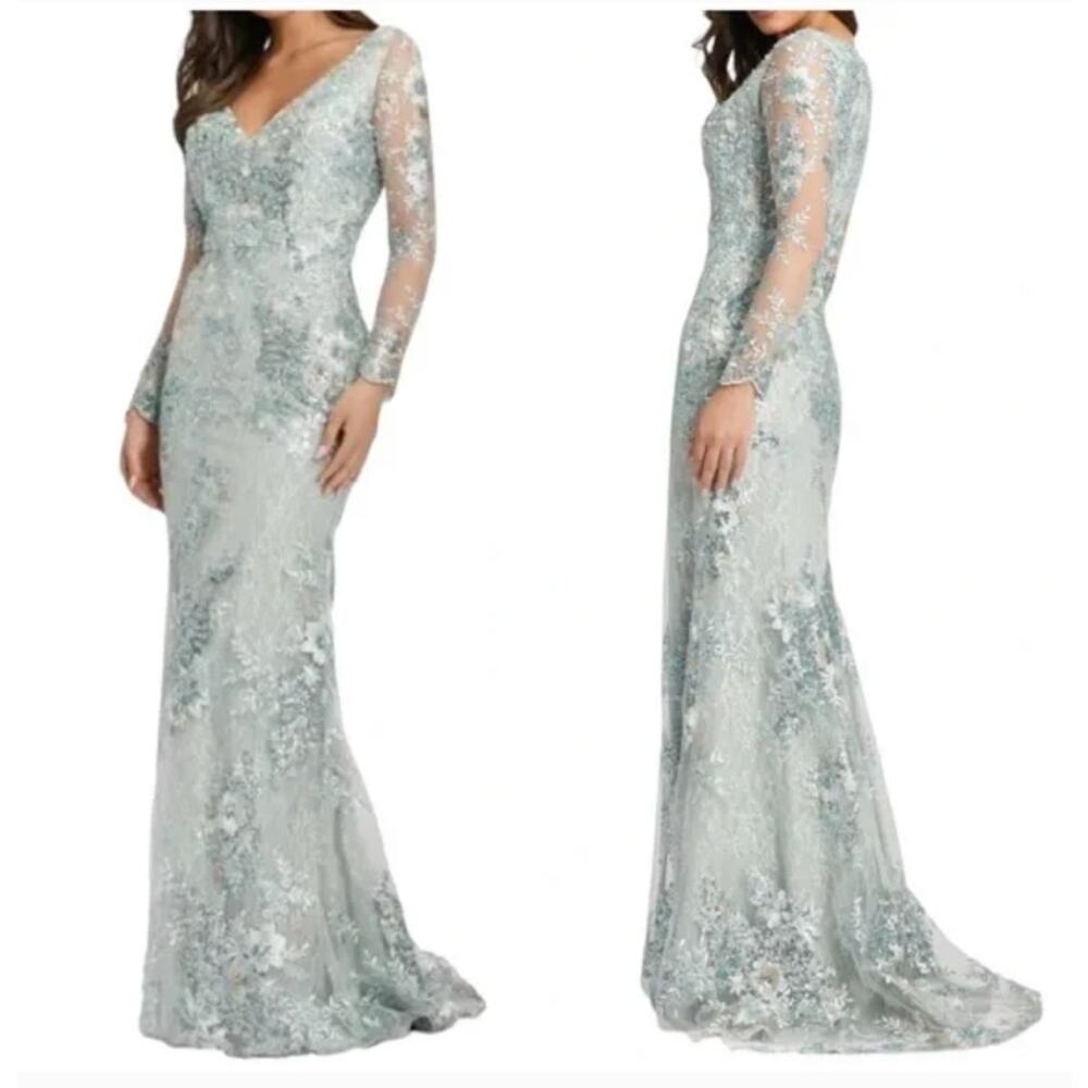 MAC DUGGAL 67539 Seamist Embellished V-Neck Illusion Long Sleeve Gown Size 16